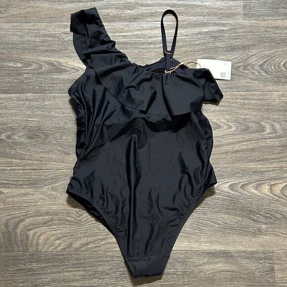 NWT Quince Medium Italian Maternity One Shoulder Ruffle One Piece Swimsuit Black - Picture 3 of 9